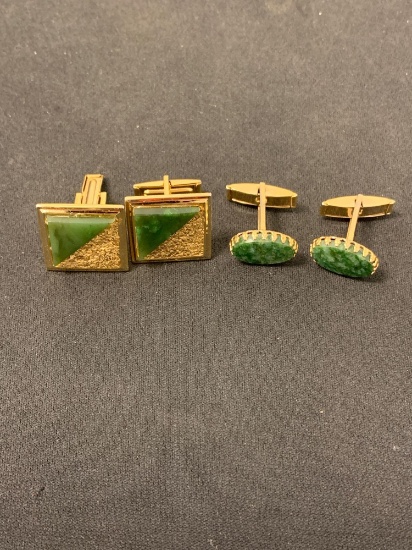 Lot of Two Pairs of Gold-Tone Alloy Jade Accented Cufflinks, One Square Pair & One Oval