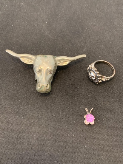 Lot of Three Various Styled Silver-Tone Items, One Bull Motif Bolo Tie, One Pink Zircon Pendant &