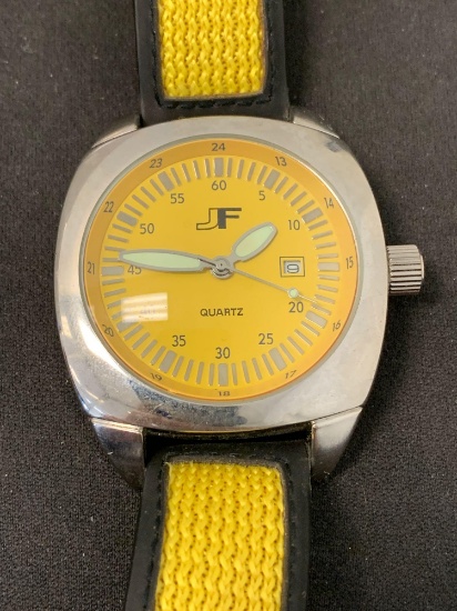 JF Designed Square 45x45mm Bezel w/ Yellow Face Stainless Steel Watch & Black & Yellow Nylon Strap