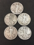 Lot of 5 US Walking Liberty 90% Silver Half Dollars - $2.50 Face