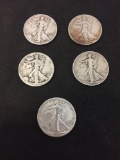 Lot of 5 US Walking Liberty 90% Silver Half Dollars - $2.50 Face