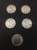 Lot of 5 US Walking Liberty 90% Silver Half Dollars - $2.50 Face