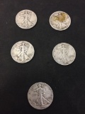 Lot of 5 US Walking Liberty 90% Silver Half Dollars - $2.50 Face