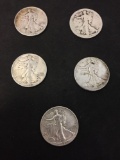 Lot of 5 US Walking Liberty 90% Silver Half Dollars - $2.50 Face