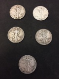 Lot of 5 US Walking Liberty 90% Silver Half Dollars - $2.50 Face