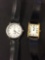 Two Worn Stainless Steel Watches w/ Leather Straps, Rectangular Seiko & Round Timex