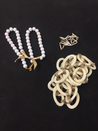 Lot of Three Monet Designed White & Gold-Tone Necklaces, One 36" Faux Ivory, 16" Faux Pearl & 16"