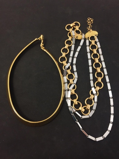 Lot of Two Monet Designed 18" Wide Alloy Necklaces, One 16mm Tapered Gold-Tone Omega & 3-Strand 1"