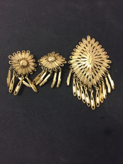 Lot of Two Monet Designed Matched Set Gold-Tone Alloy Items, Sunburst Chandelier 3" Long Brooch &