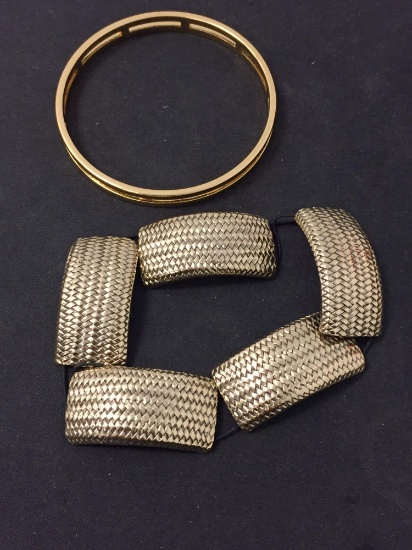 Lot of Two Monet Designed Gold-Tone Alloy Bracelets, One 3" Diameter 7mm Wide Bangle & 9" Long 20mm