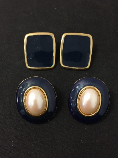 Lot of Two Monet Designed Enameled Gold-Tone Alloy Pair of Earrings, One Pair Faux Pearl Oval 1.25"
