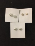 Lot of Three Small, Medium & Large Gold & Silver-Tone Pairs of Faux Pearl Stud Earrings