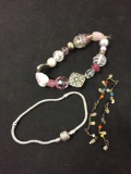Lot of Three Charm Motif Bracelets, One w/ Murano Glass Beads, Single Bracelet & Petite Charm
