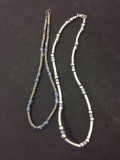 Lot of Two Various Length & Styled Hand-Beaded Blue Glass & Silver-Tone Fashion Necklaces
