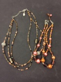 Lot of Two Amber Color Toned Glass & Alloy Beaded Various Length Fashion Necklaces