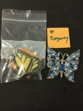 Lot of Two Alloy Designer Butterfly Motif Brooches, One Weiss Designed & Faux Gemstone Regency