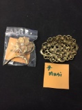 Lot of Two Gold-Tone Alloy Designer Vintage Floral Motif Brooches, One Bougher Designed & Musi