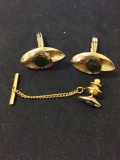 Matched Set Gold-Tone Alloy Textured Green Jade Accented, Pair of Oval Cufflinks & Oval Tie Chain