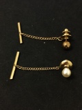 Lot of Two Alloy Ball Motif Gold-Tone Tie Pins, One 8mm Round Bead Ball & 7mm Faux White Pearl