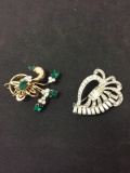 Lot of Two Alloy Ribbon Motif Brooches, One White Zircon Accented Silver-Tone & Gold-Tone w/ Green &