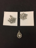Lot of Three Silver-Tone Alloy Pendants, One Snowflake, Teardrop & Crown Pendants