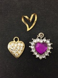 Lot of Three Heart Motif Various Size, Shape & Styled Alloy Costume Pendants