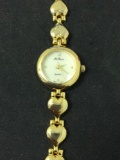 Le Baron Designed Round 21mm Gold-Tone Bezel Mother of Pearl Face w/ Stainless Steel Watch Heart