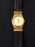 Bill Blass Designed 17mm Gold-Tone Bezel Stainless Steel Watch w/ Brown Leather Strap