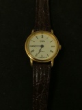 USN Designed 22mm Gold-Tone Bezel Stainless Steel Watch w/ Brown Leather Strap