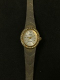 Sarah Coventry Designed Oval 17x14mm Rhinestone Halo Accented Gold-Tone Stainless Steel Watch w/