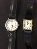 Two Worn Stainless Steel Watches w/ Leather Straps, Rectangular Seiko & Round Timex