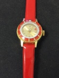 RIISE Designed Round 20mm Bezel Stainless Steel Watch w/ Red Leather Strap