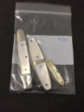 Lot of Three Mother of Pearl Accented Stainless Steel Pocket Knives, One 3.25