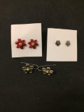 Lot of Three Various Size, Shape & Style Floral Motif Pairs of Alloy Costume Earrings