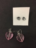 Lot of Two Heart Motif Pairs of Costume Earrings, One Pink Topaz Accented 1.5