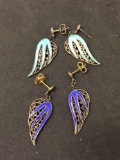 Lot of Two Filigree Decorated Angel Wing Motif Pairs of Alloy Earrings, One Royal Blue Enameled &