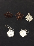 Lot of Two Organic Motif Pairs of Alloy Earrings, One Maple Leaf Copper-Tone & Silver-Tone Sunflower