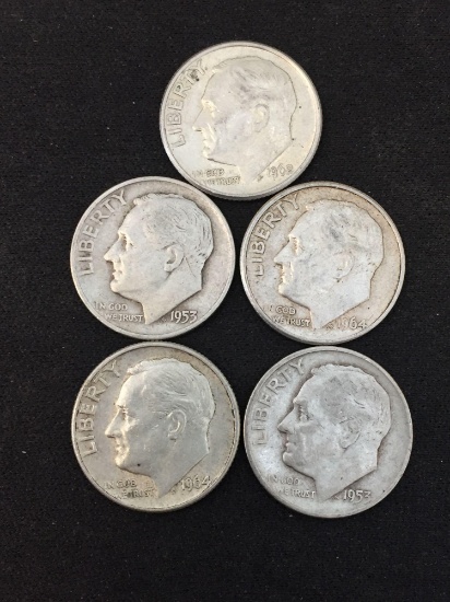 Lot of 5 US Roosevelt 90% Silver Dimes