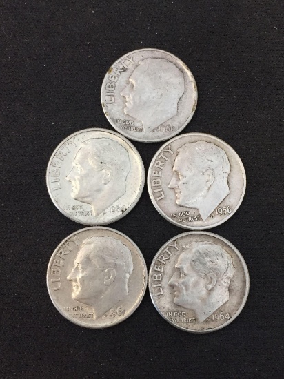 Lot of 5 US Roosevelt 90% Silver Dimes