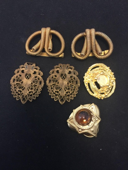 Lot of Six Gold-Tone Alloy Fashion Scarf Pin Accessories