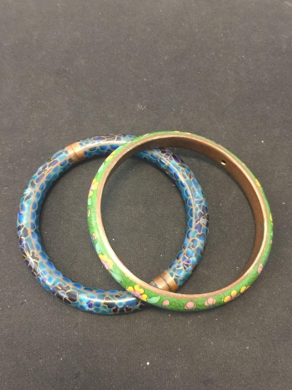 Lot of Two 3" Diameter Cloisonne Floral Motif Bangle Bracelets