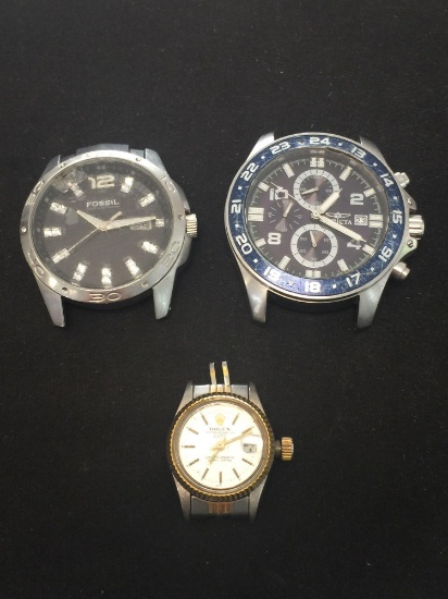 Lot of Three Single Worn Stainless Steel Watches-No Bracelet, One 45mm Invicta, One 40mm Fossil &