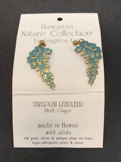 Hawaiin Made Leighton Lam Designed 2" Long 18K Gold & Sterling Silver Pair of Drop Earrings