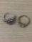 Lot of Two Gemstone Accented Alloy Ring Bands, Silver-Tone Halo Style & Gold-Tone Three Stone