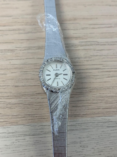 Elgin Designed Round 19mm Diamond Accented Bezel Stainless Steel Watch w/ Link Bracelet