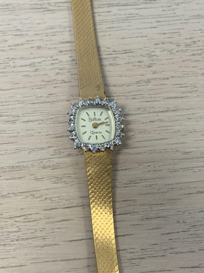 Sutton Designed Square 16mm Diamond Accented Bezel Gold-Tone Stainless Steel Watch w/ Link Bracelet