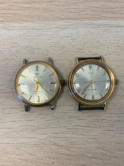 Lot of Two Loose Gold-Tone Round 35mm Bezel Stainless Steel Watches, One Timex & Genova Designed