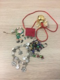 Lot of Six Christmas Motif Fashion Jewelry Items, Two Necklaces, Two Pairs of Earrings, One Charm