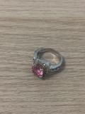 Round Faceted 9.0mm Pink Zircon w/ White Zircon Halo Sterling Silver Ring Band-Size 7.5
