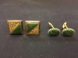 Lot of Two Pairs of Gold-Tone Alloy Jade Accented Cufflinks, One Square Pair & One Oval